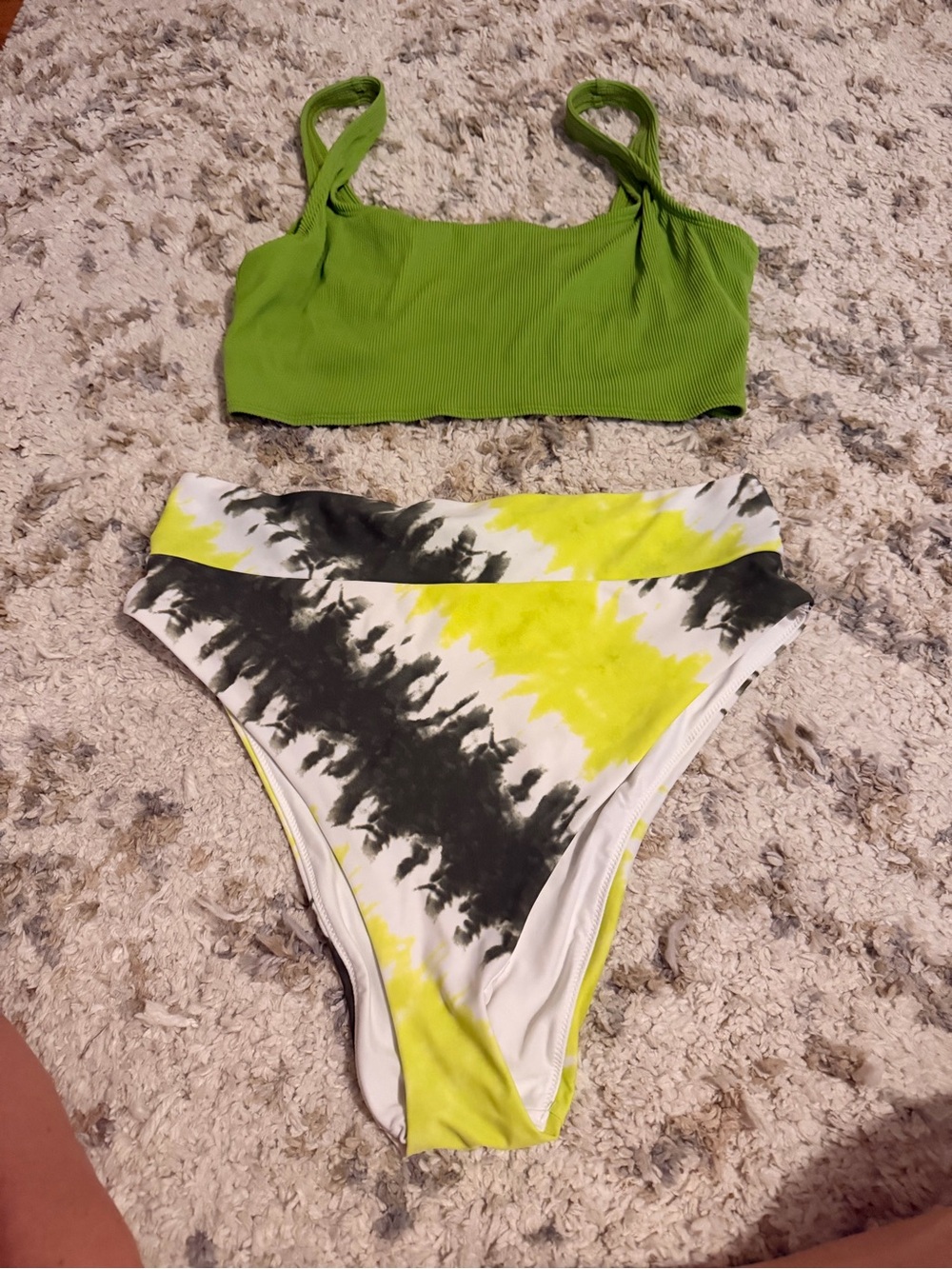 aerie Lime Green Ribbed Bikini Top with Yellow Black Tie-Dye Bottoms